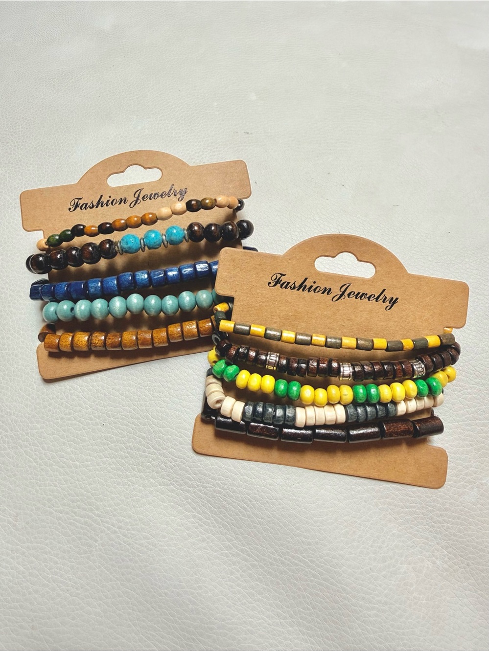 Set of 2 Unisex Stacking Stretchy Bracelets made of wood, metal and stone beads.